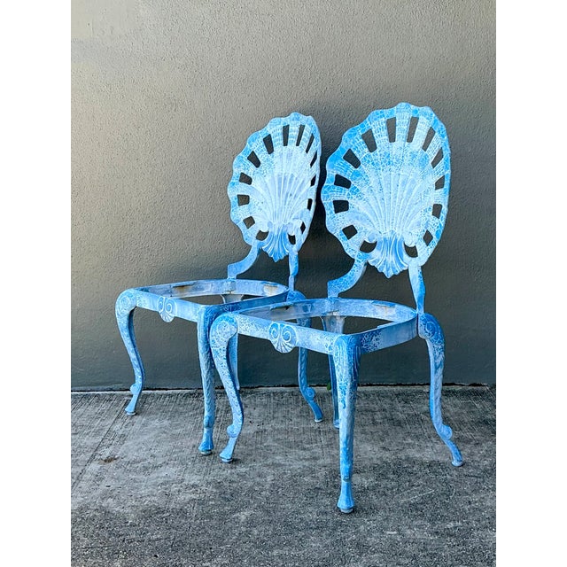 Metal Vintage Blue Metal Shell Back Grotto Chairs - A Pair For Sale - Image 7 of 12