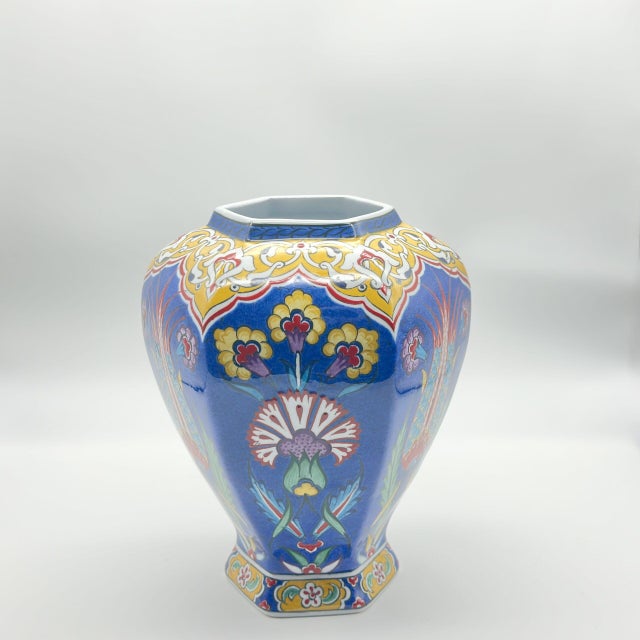 Ceramic Handmade Ceramic Hexagonal Lidded Jar (30cm) Royal Blue & Yellow Palace Design – 6-Sided “Temple Jar” Vase For Sale - Image 7 of 8