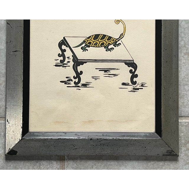 Mid-Century Surrealist Flowers and Turtles Original Watercolor Gouache Framed Paintings Tall 29"h - For Sale - Image 12 of 12