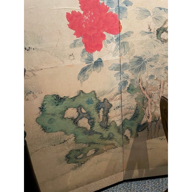 Vintage Japanese Byobu Four Panel Red Floral Gold Screen For Sale - Image 4 of 8