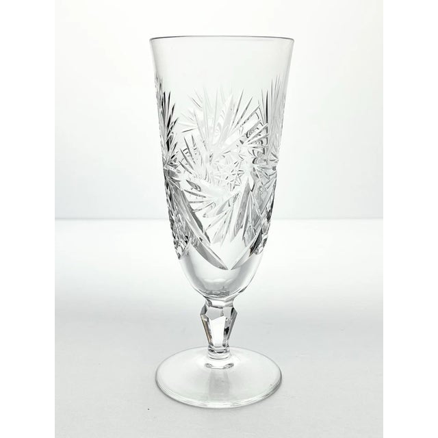 1950s Vintage Swirl Star & Fan Cut 4 Crystal Fluted Champagne Glasses 7” 8oz No chips, cracks, or fleabites. Height 7”...