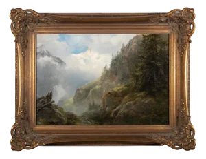 After E.T. Compton, Cloudy Mountain Landscape, Oil on Cardboard, 19th Century, Framed