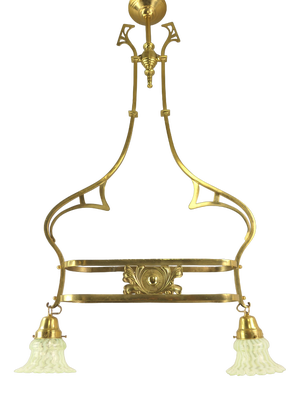 Art Nouveau Brass Chandelier with Vaseline Glass Lampshades, England, 1910s