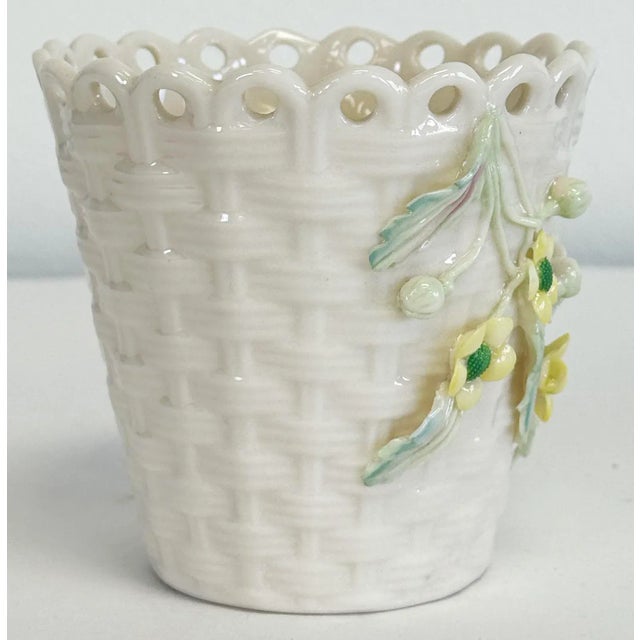 Belleek Pottery Ltd. Vintage Belleek Ireland Porcelain Floral Basketweave Spill Vase For Sale - Image 4 of 8