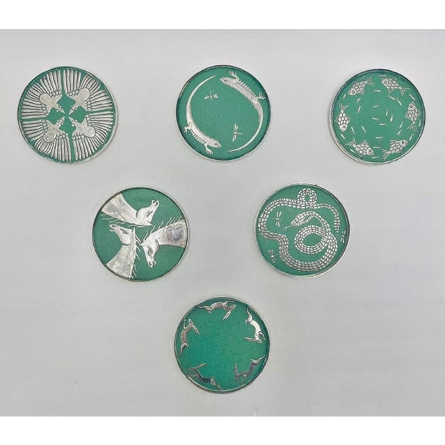 1980s Set of 6 Porcelain & Pure Silver Drink Coasters & Holder by Emilia Castillo For Sale - Image 14 of 18