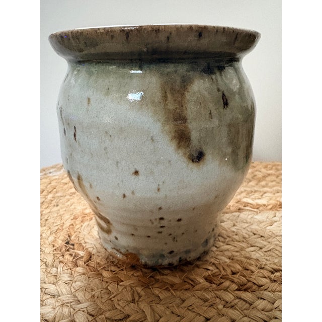 Vintage Art Christensen Signed Studio Art Pottery Utensil Crock - Earthy Celadon & Iron Brushwork For Sale - Image 4 of 10