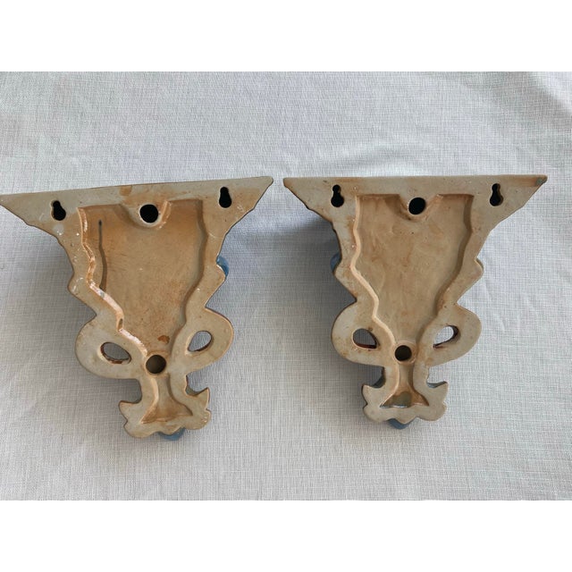 Cornflower Blue Vintage Ceramic Wall Brackets Sconces Fleur-De-Lis Blue and Brown Glazed – A Pair For Sale - Image 8 of 8