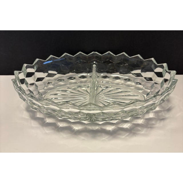 Mid-Century Modern Vintage Clear Pressed Glass Divided Relish Dishes With Scalloped Rim | Mid-Century Oval Serving Trays - a Pair For Sale - Image 3 of 6