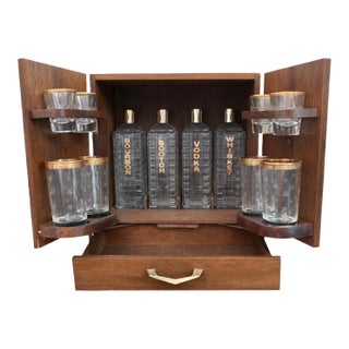 1950s Karoff Japanese Tabletop Walnut Mini Bar Cabinet With Decanters, Glasses & Tools For Sale