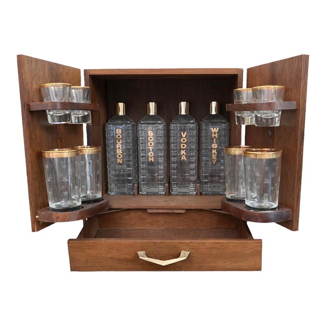 1950s Karoff Japanese Tabletop Walnut Mini Bar Cabinet With Decanters, Glasses & Tools For Sale