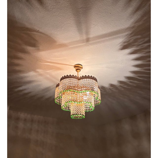 Vintage Crystal Tiered Flush Mount Chandelier With Green Crystal Accents - Restored For Sale - Image 15 of 18