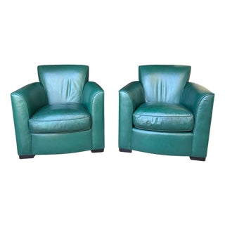 1990s Pair of Donghia Green Leather Club Chairs For Sale