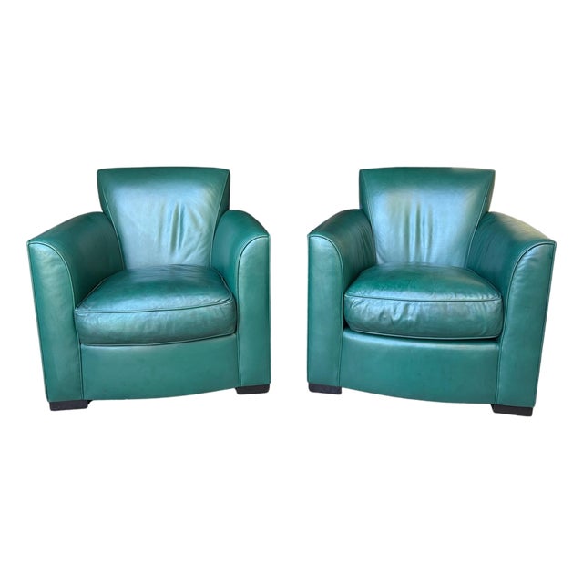 1990s Pair of John Hutton for Donghia "Noble" Green Leather Club Chairs For Sale