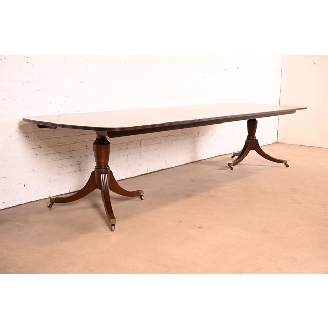 Baker Furniture Company Baker Furniture Georgian Banded Mahogany Double Pedestal Extension Dining Table | Newly Refinished For Sale - Image 4 of 13