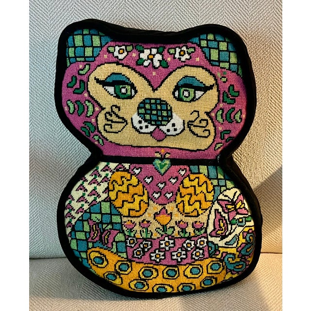 Mid-Century Modern Mid-Century Modern Needlepoint Pillow of a Mod Pussy Cat For Sale - Image 3 of 9