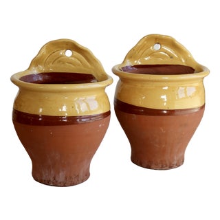Vintage Wall Planters in Yellow Glazed Stoneware, 1980s, Set of 2 For Sale