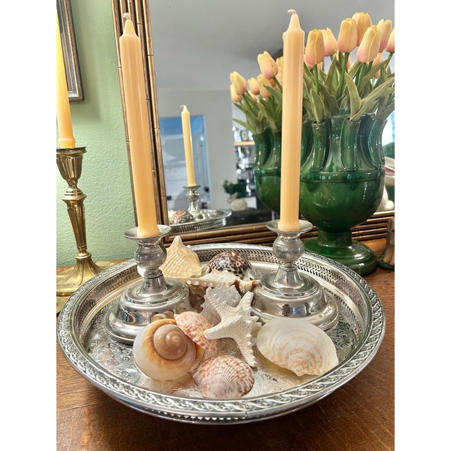 F.B. Rogers Silver Co. 1960’s “Spring Flowers” Wm. Rogers & Son Silver Plate Gallery Tray Lazy Susan For Sale - Image 4 of 12