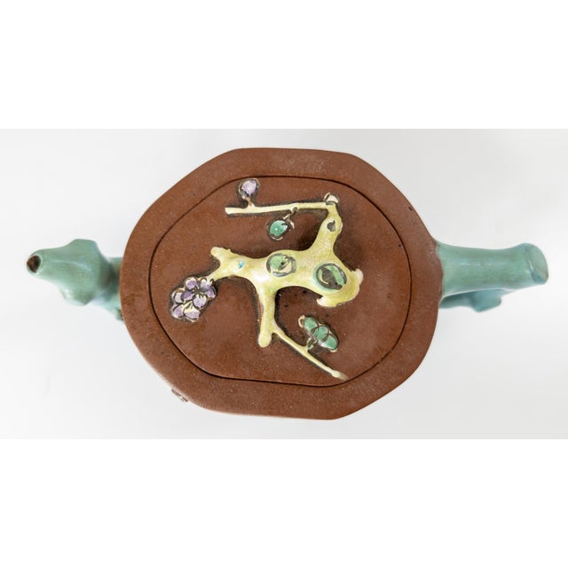 Ceramic Mid-Century Chinese Yixing Zisha Bamboo Form Teapot With Enamel Decoration For Sale - Image 7 of 14