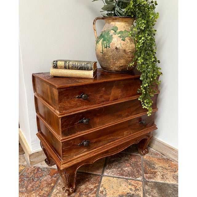 Vintage burl wood book stack side table. Amazing wood patina. This unique side table features a hinged top, two drawers,...