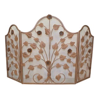 Vintage Wrought Iron Fireplace Screen With Rose Vine Design For Sale