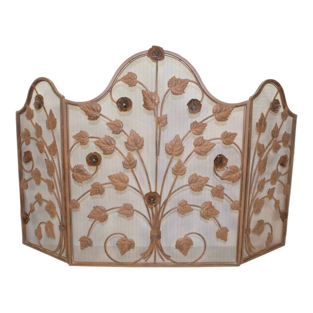Vintage Wrought Iron Fireplace Screen With Rose Vine Design For Sale