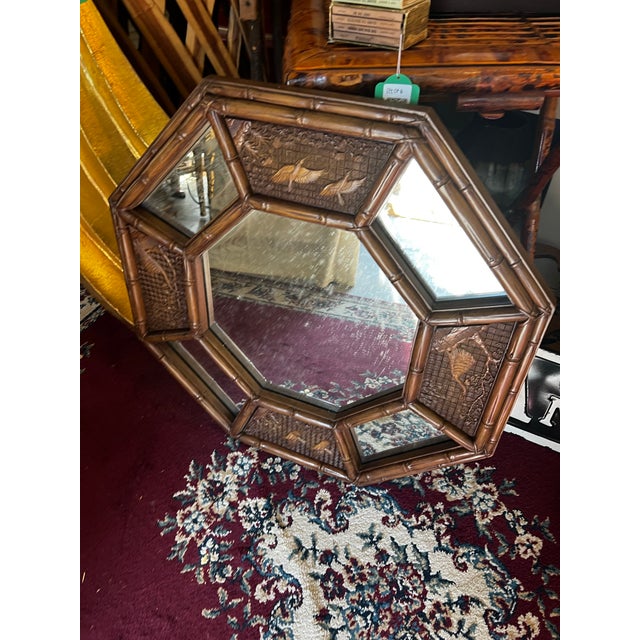 Vintage Faux Bamboo Geometric Asian Style Wall Mirror With Bird Accents For Sale - Image 4 of 8