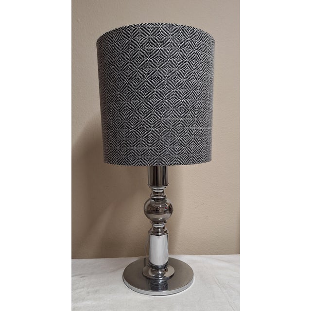 Vintage Table Lamp with Chrome-Plated Metal Base and Fabric Shade, 1970s, in Very Good conditions. Designed 1970 to 1979...