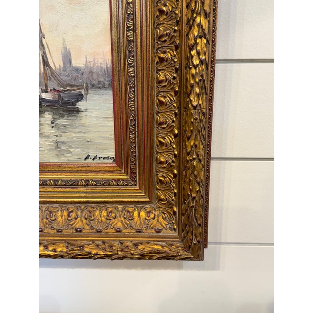 English Ship in Harbor Oil Painting For Sale - Image 3 of 9