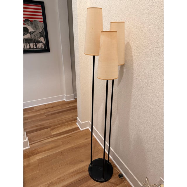 Excellent example of modernist design with its original silk shades, this Raymor lamp was designed by David Wurster circa...