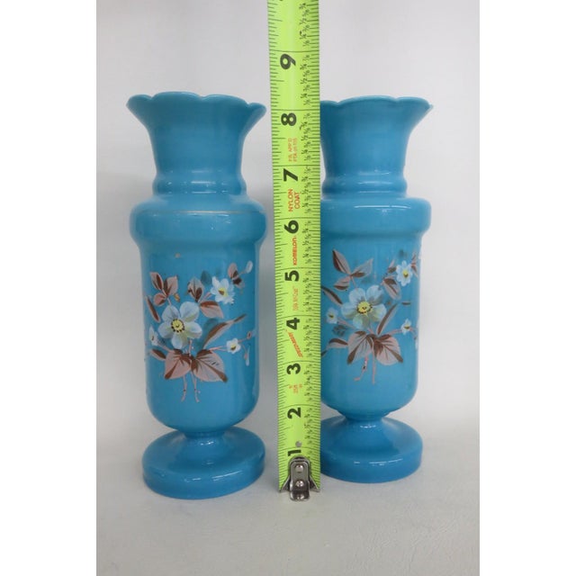 Turquoise Blue Opaline Glass Vase Pair of 2 With Hand Painted Floral Motif 5071b For Sale - Image 9 of 11