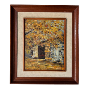1980s Vintage Autumn Rustic Farm Entrance Landscape Oil Painting by O. Hernandez