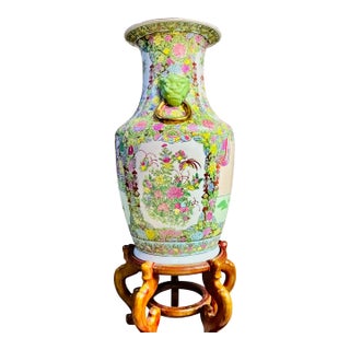 Chinese Famille Rose Floor Vase With Celadon Foo Dog Mask Handles, 24" For Sale