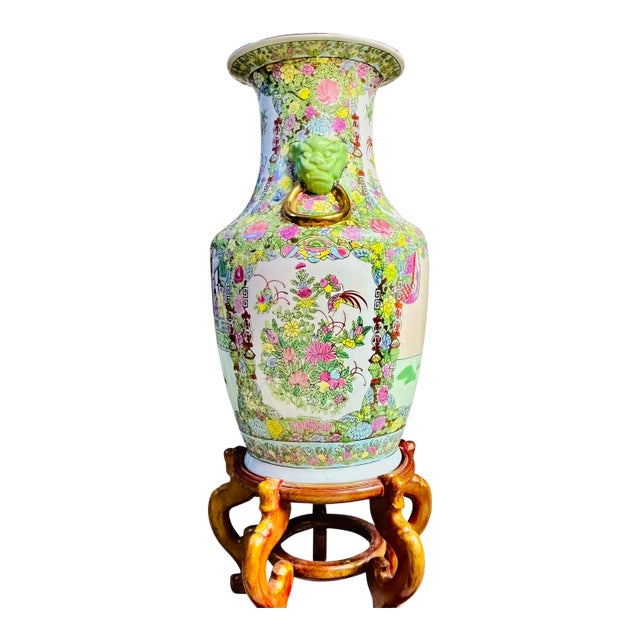 Chinese Famille Rose Floor Vase With Celadon Foo Dog Mask Handles, 24" For Sale