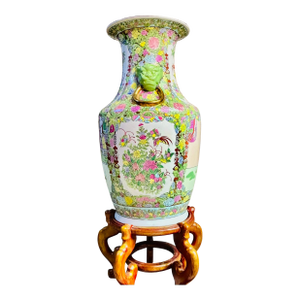 Chinese Famille Rose Floor Vase With Celadon Foo Dog Mask Handles, 24"