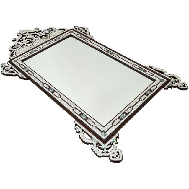 Wood Vintage Large Hand-Carved Moorish-Patterned Mother-Of-Pearl Mirror For Sale - Image 7 of 13