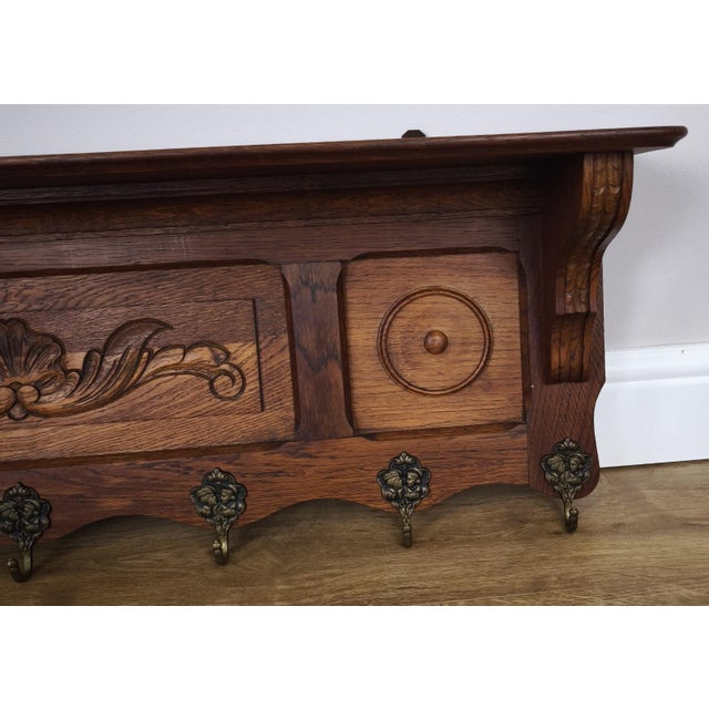 Gold Vintage French Carved Oak 7-Hook Coat Rack For Sale - Image 8 of 11