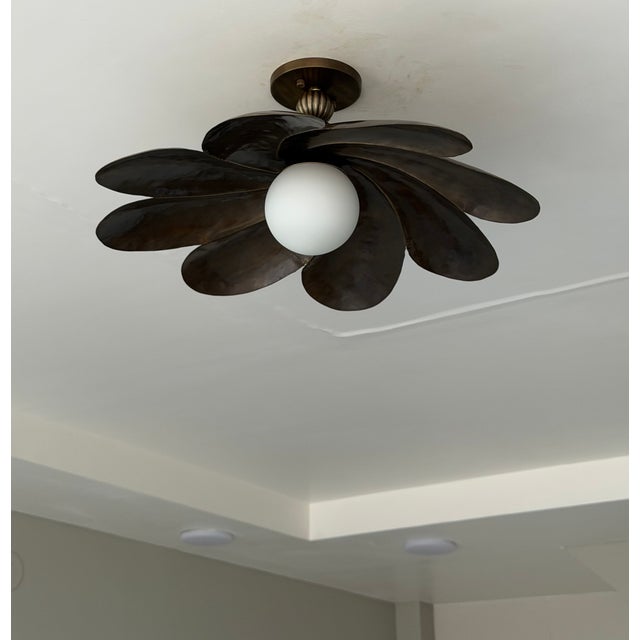 Black Antique Brass Semi Flush Mount Light Fixture, Handmade Flower Ceiling Light For Sale - Image 17 of 18
