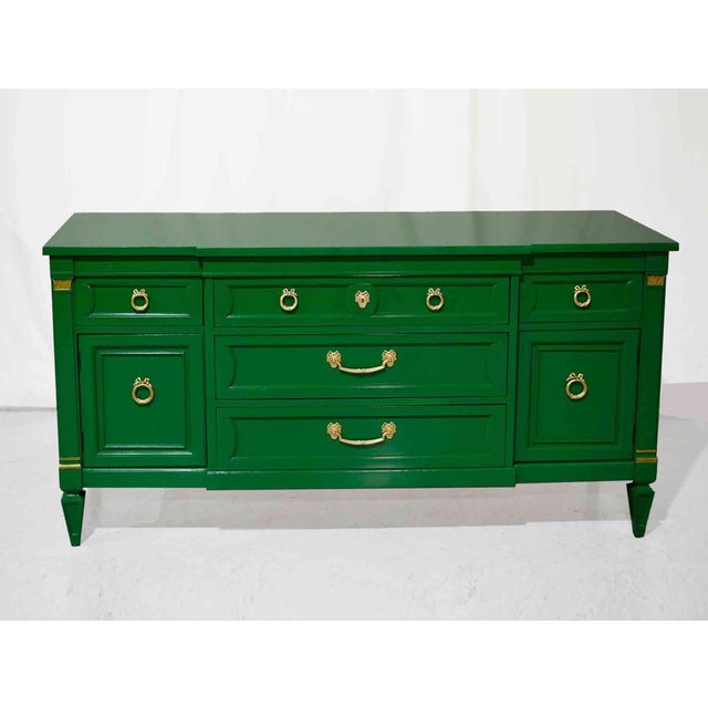 Mid 20th Century Vintage Transitional Credenza Ribbon Hardware in Green by Thomasville - Newly Painted For Sale - Image 5 of 12