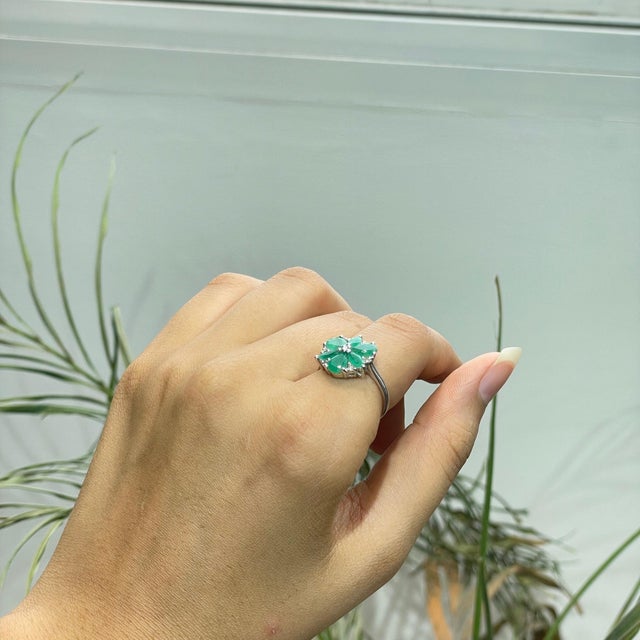 Emerald 3.05 Ct Natural Zambian Emerald & Diamond Floral Ring, Size 7 For Sale - Image 8 of 15