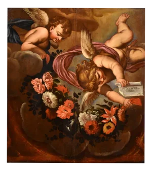 Workshop of Carlo Maratta, Floral Angels, 1697, Oil on Board