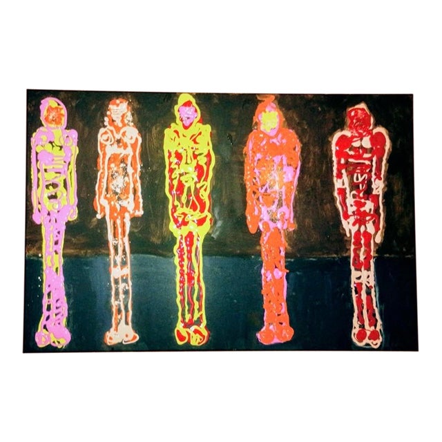 Colorful Abstract Painting of 6 Standing Figures by Christopher Shoemaker 24” X 36”, Signed For Sale