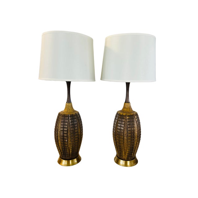Wood Pair of Mid-Century Modern Brutalist Abstract Ceramic Table Lamps – Geometric Textured Design For Sale - Image 7 of 13