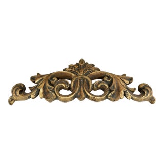 Vintage Gold Resin Scroll Swag Wall Ornament — Architectural Acanthus Pediment, Hollywood Regency For Sale