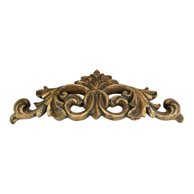 Vintage Gold Resin Scroll Swag Wall Ornament — Architectural Acanthus Pediment, Hollywood Regency For Sale