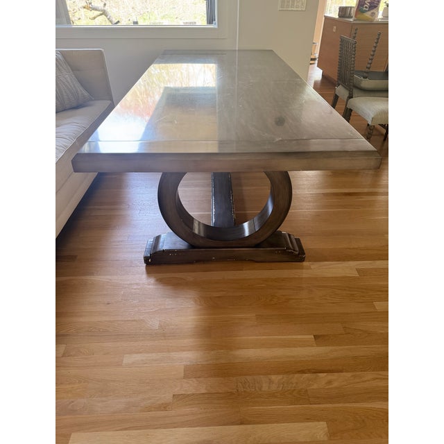 Trestle dining table with two extension leaves, attributed to Chaddock