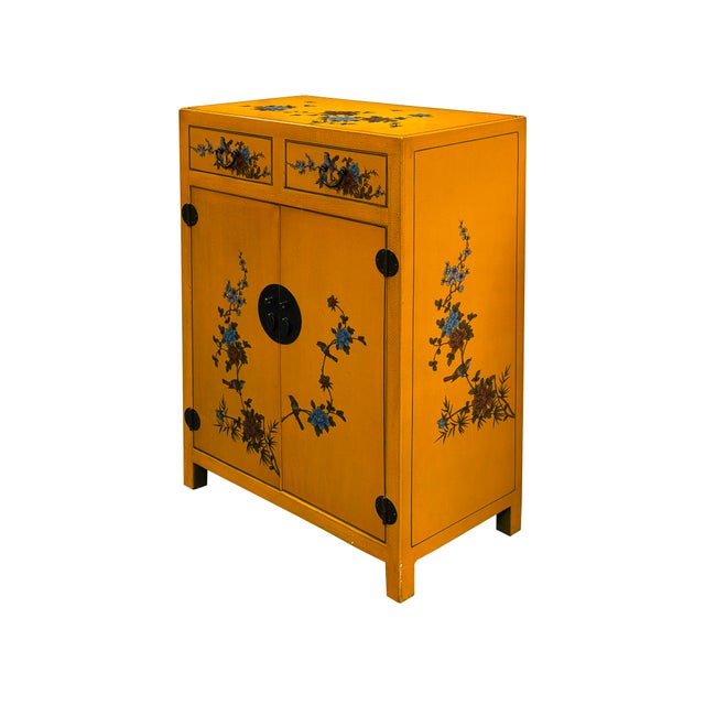 Wood Oriental Bright Mustard Yellow Vinyl Flower Bird Graphic Cabinet For Sale - Image 7 of 16