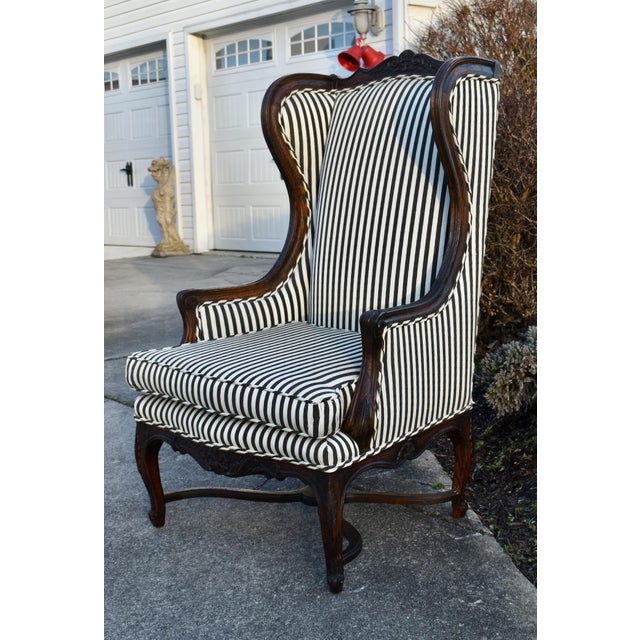 1960s Vintage Carved Oak Country French High Back Wing Chair For Sale - Image 5 of 13