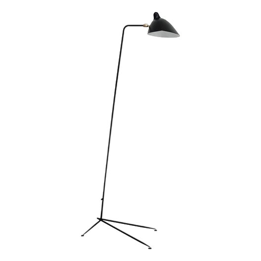 Mid-Century Modern Black One-Arm Standing Lamp in Aluminum, Brass and Steel by Serge Mouille For Sale