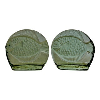Joel Meyers for Blenko Glass Green Fish Bookends - a Pair For Sale