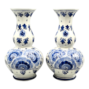 Lobed Bulbous Dutch Delft Vases Hand Painted, a Matched Pair